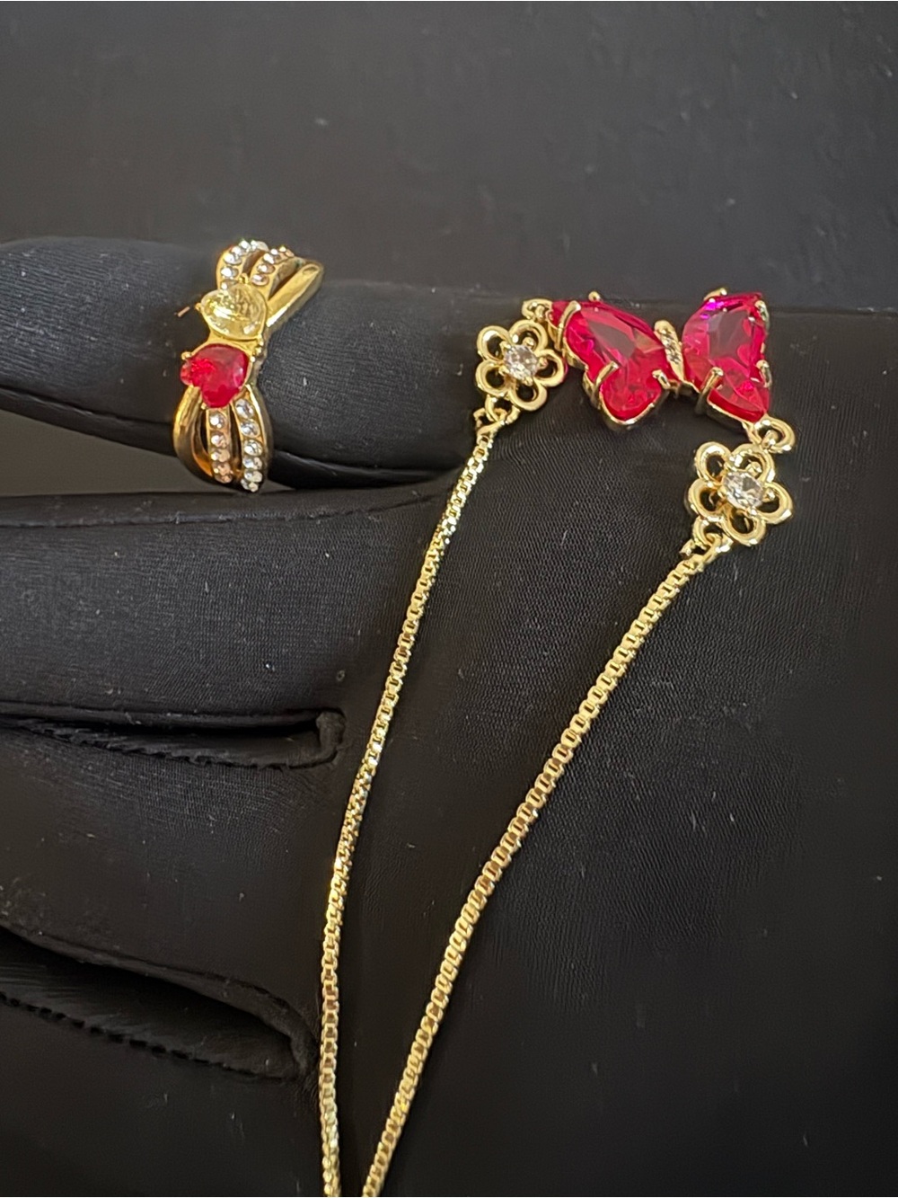 Gold-Tone Red Butterfly Ring by